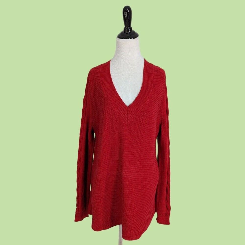 Cabi #3714 Women S Standout‎ Red Vneck Cable Ribbed Knit Pullover Sweater